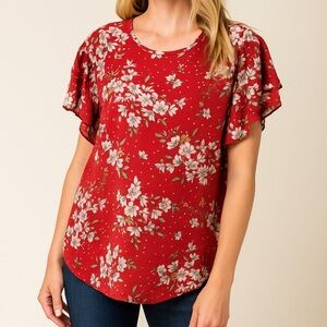 BloomChic Red with White Floral Women's Short Flutter Sleeve Top Size 12